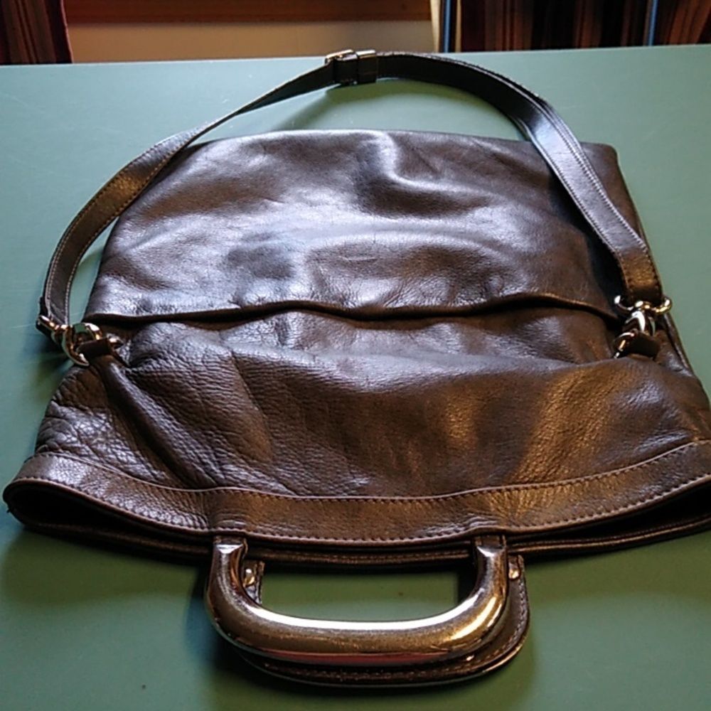 Maurizio Taiuti Foldover Leather Silver tone Metal Handles Crossbody Strap